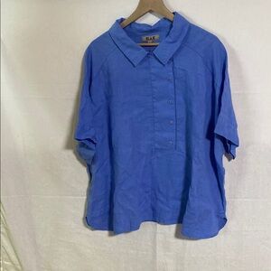Flax Linen Cornflower Blue Popover Relaxed Polo Collar NWT Size L 14-16 Timeless